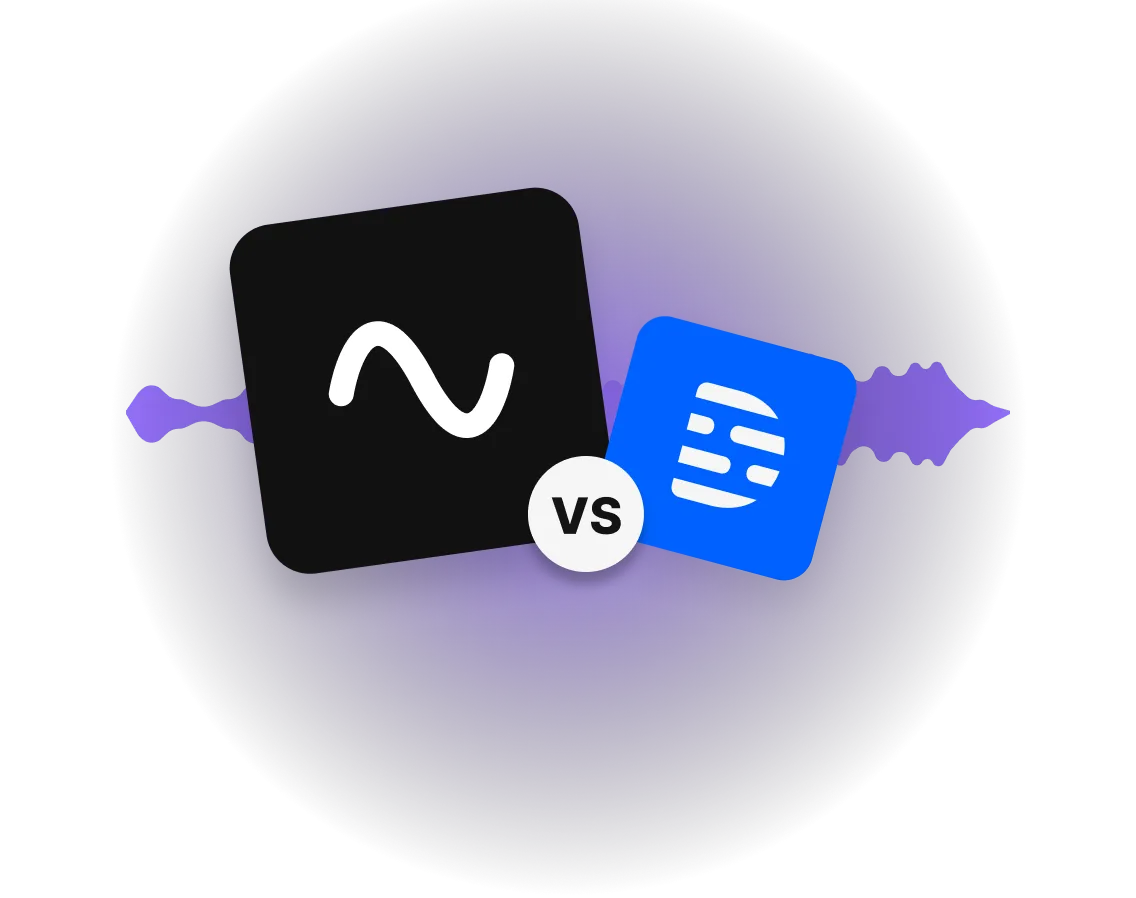 Black square with a white tilde symbol versus blue square with white horizontal lines inside a purple circular background.